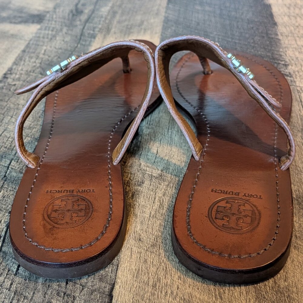 Tory Burch Sandals Brown Leather Suede Triangle Flip Flops - Picture 3 of 8